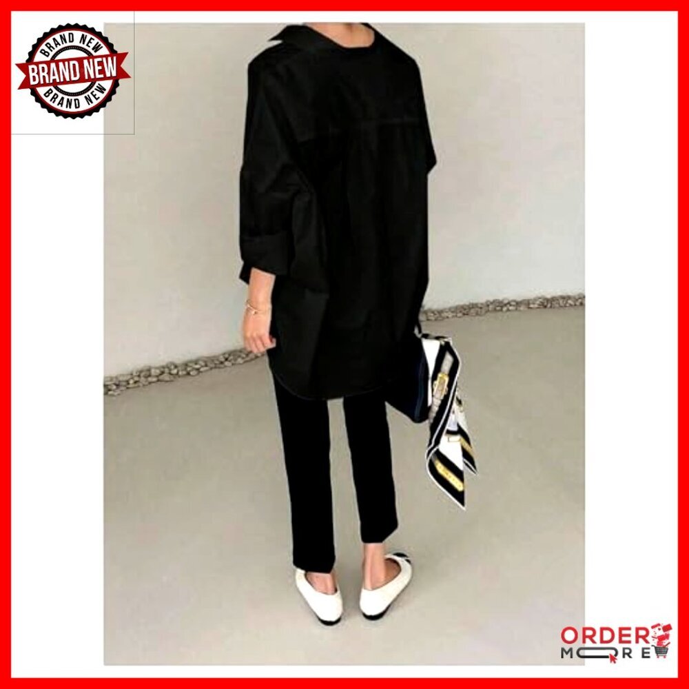 Oversized Button Down Shirt, Bell Sleeves, Work Casual Blouse, Premium Fabric - Picture 3 of 5